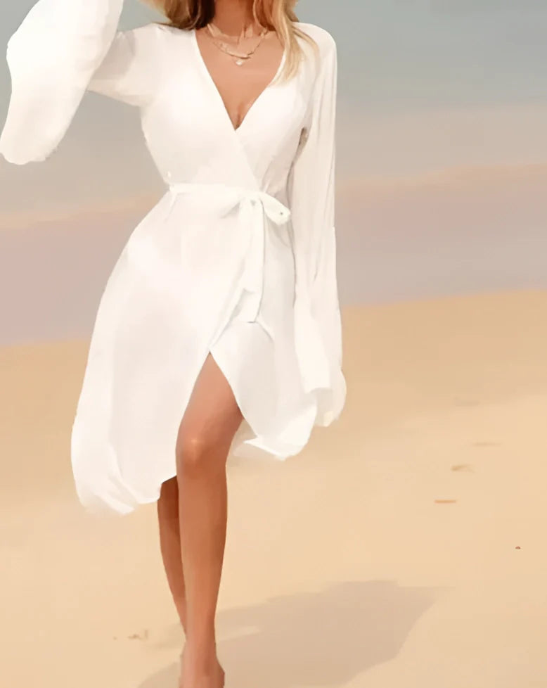 Long Sleeve White Wrap Beach Dress, V-Neck, Lightweight Summer Style
 - ModishWorld