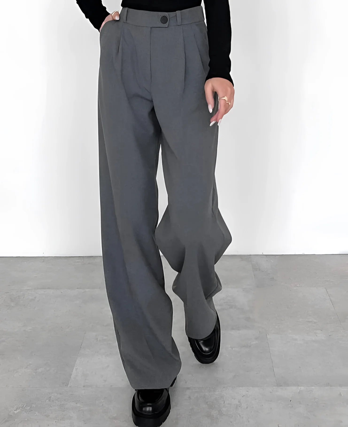 Stylish Gray Wool High-Waisted Pleated Wide-Leg Dress Pants for Women
 - ModishWorld