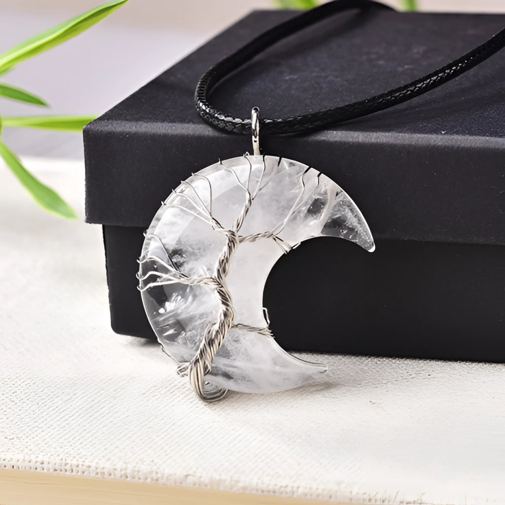 Crescent Moon Necklace with Wire-Wrapped Gemstone – Healing Crystal Jewelry
 - ModishWorld
