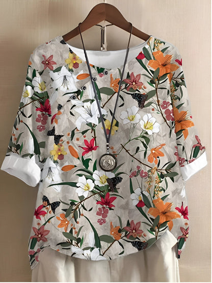 Lightweight floral blouse for women, 3/4 sleeves, breathable spring/summer top
 - ModishWorld