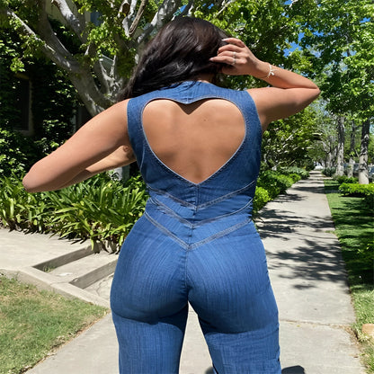 Denim Jumpsuit for Women, Backless with Heart Shaped Cutout
 - ModishWorld