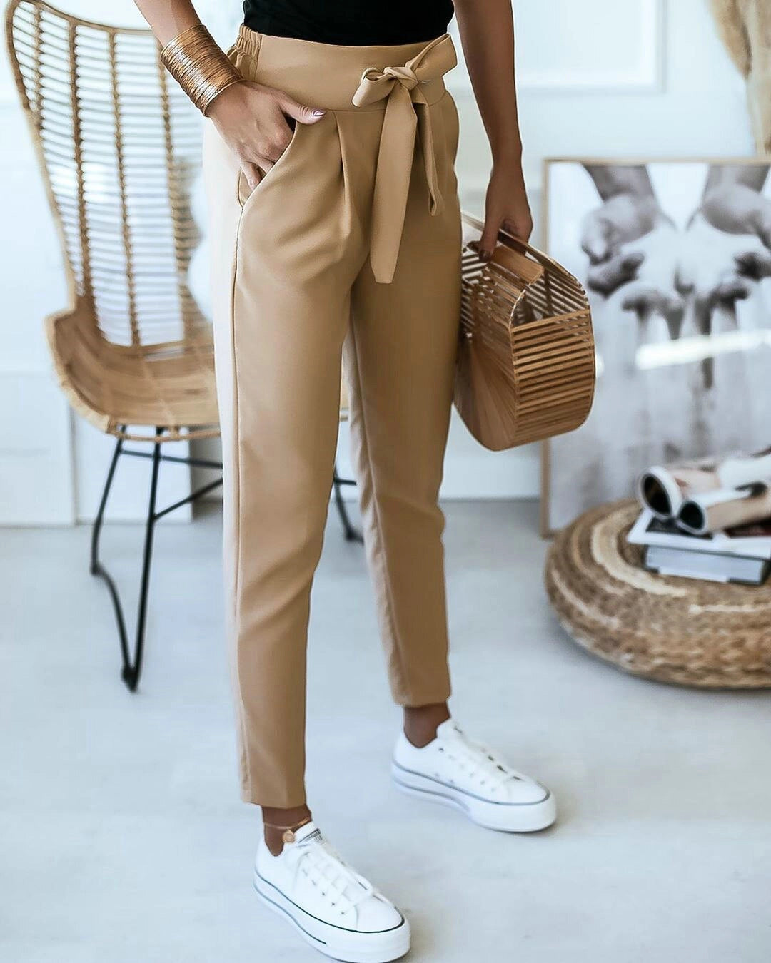 Elegant, Lightweight & Breathable Beige High-Waisted Women's Tie-Waist Trousers
 - ModishWorld