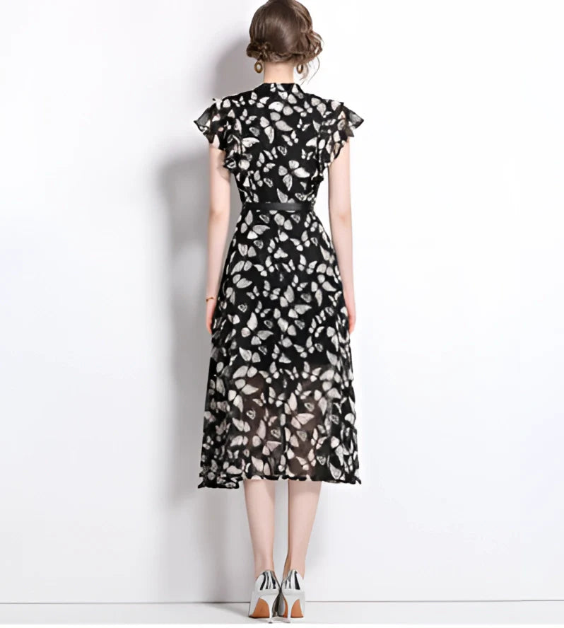 Elegant Sheer Black Floral Midi Summer Dress with Cap Sleeves for Women
 - ModishWorld