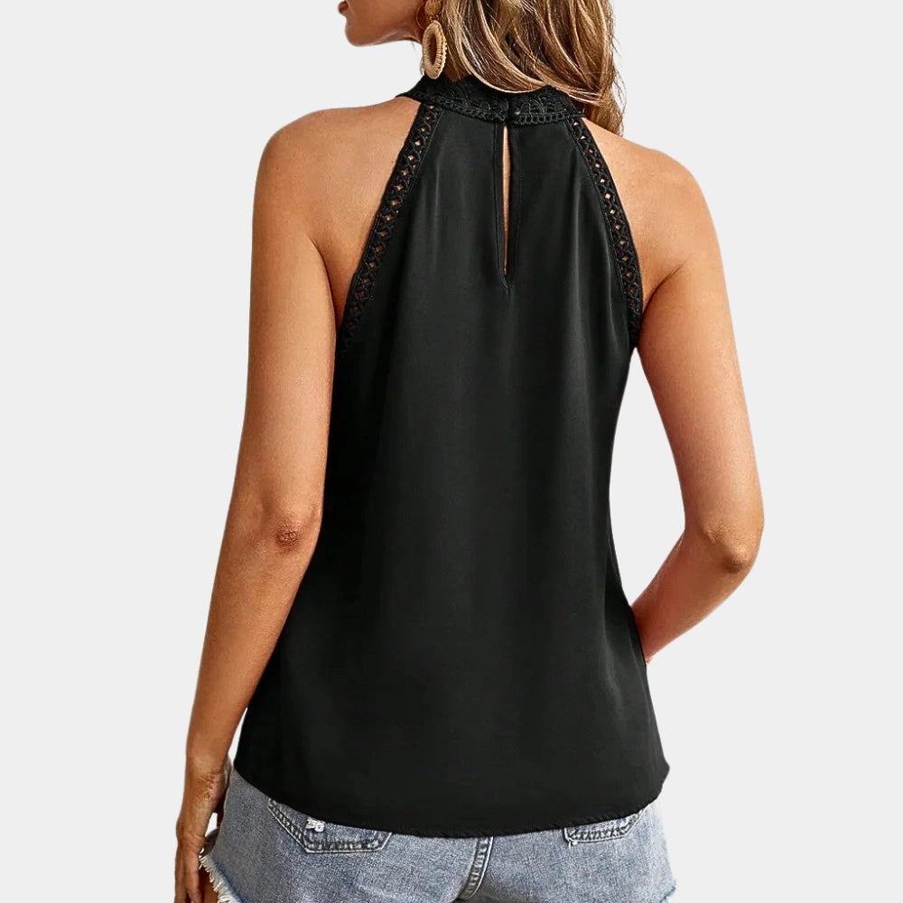 Black Lace-Trimmed Halter Top for Women, Sleeveless with Keyhole Back
 - ModishWorld