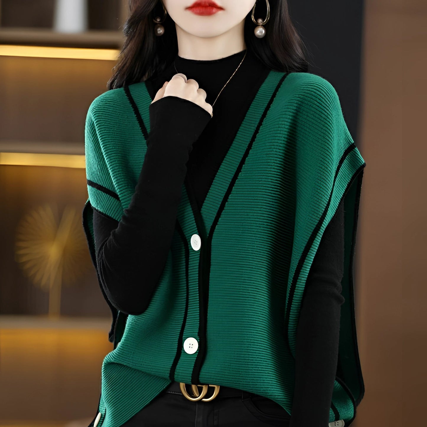 Black Striped V-Neck Button Sweater Vest for Women
 - ModishWorld