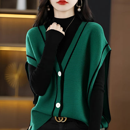 Black Striped V-Neck Button Sweater Vest for Women
 - ModishWorld
