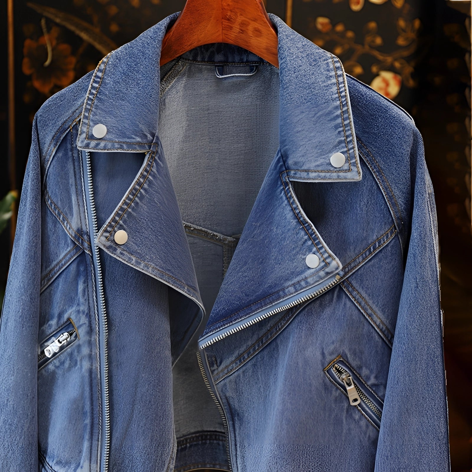 Women's Asymmetrical Zipper Denim Moto Jacket with Lapel Collar in Blue
 - ModishWorld