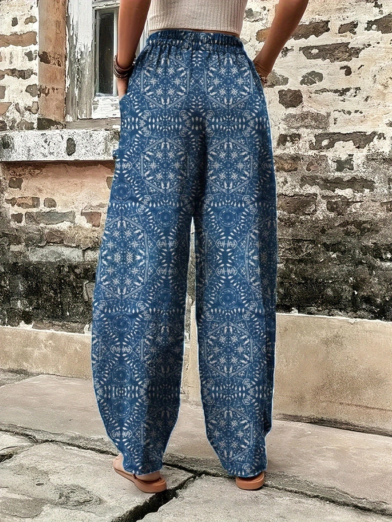 Bohemian Cotton Palazzo Pants for Women: Wide-Leg, Blue Ethnic Print
 - ModishWorld
