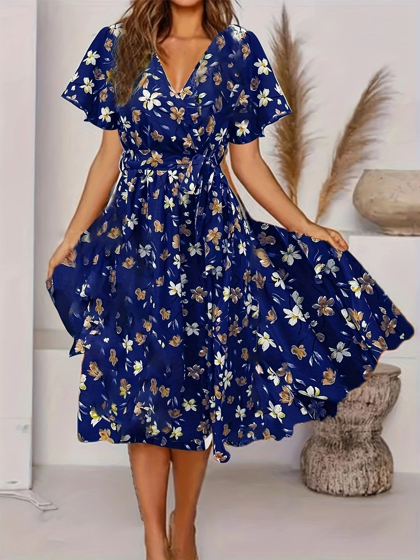 A-line knee-length summer dress for women in blue floral print; casual