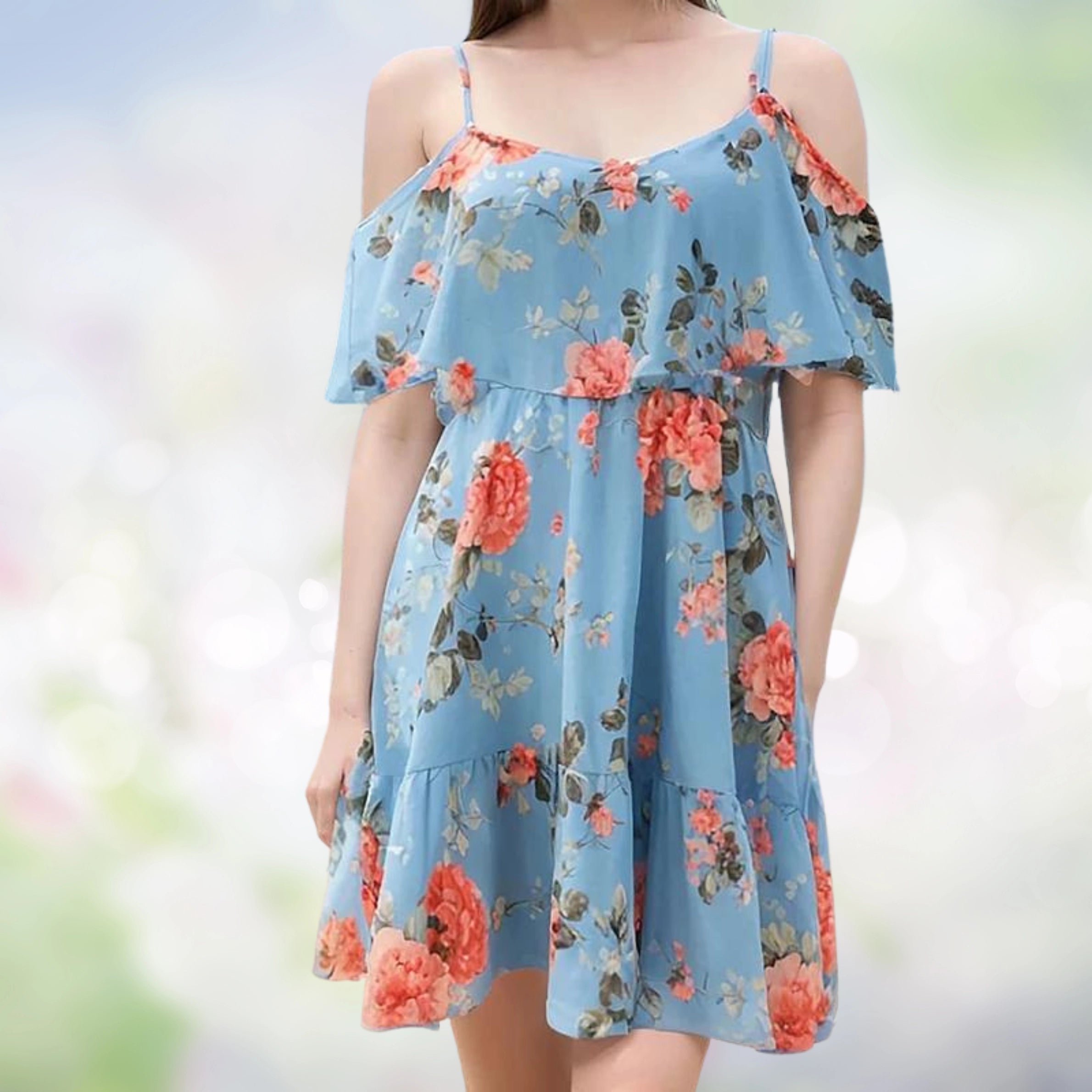 Summer Mini Dress for Women, Blue Floral, Off-the-Shoulder – Modish World