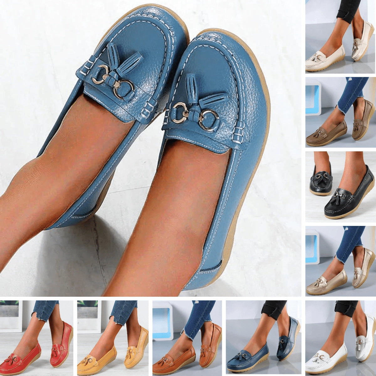 Comfortable, slip-resistant women's blue leather loafers with buckle flats
 - ModishWorld