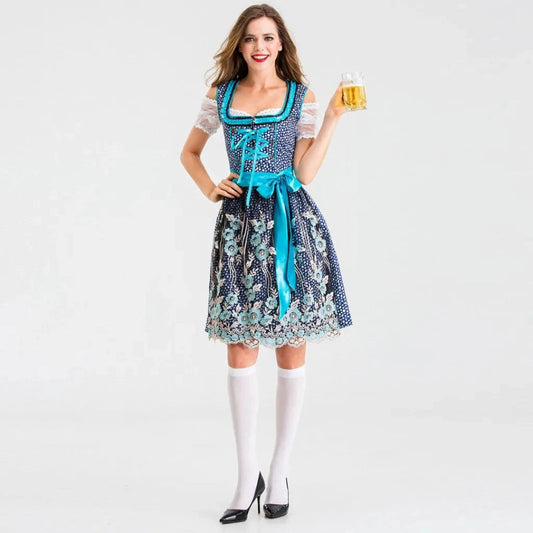 Bavarian Floral Dirndl Dress with Apron for Women in Blue
 - ModishWorld