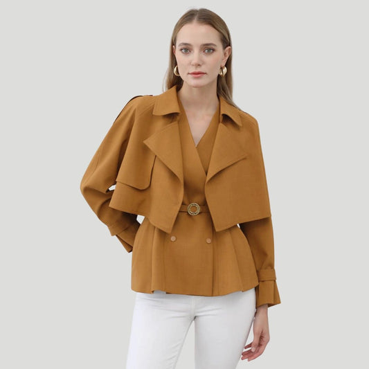 Oversized Collar Belted Blazer for Women in Camel Tan
 - ModishWorld