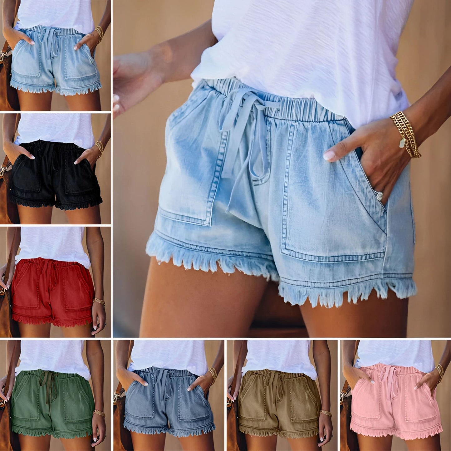 Lightweight Denim Shorts for Women: Elastic Waist & Frayed Hem
 - ModishWorld