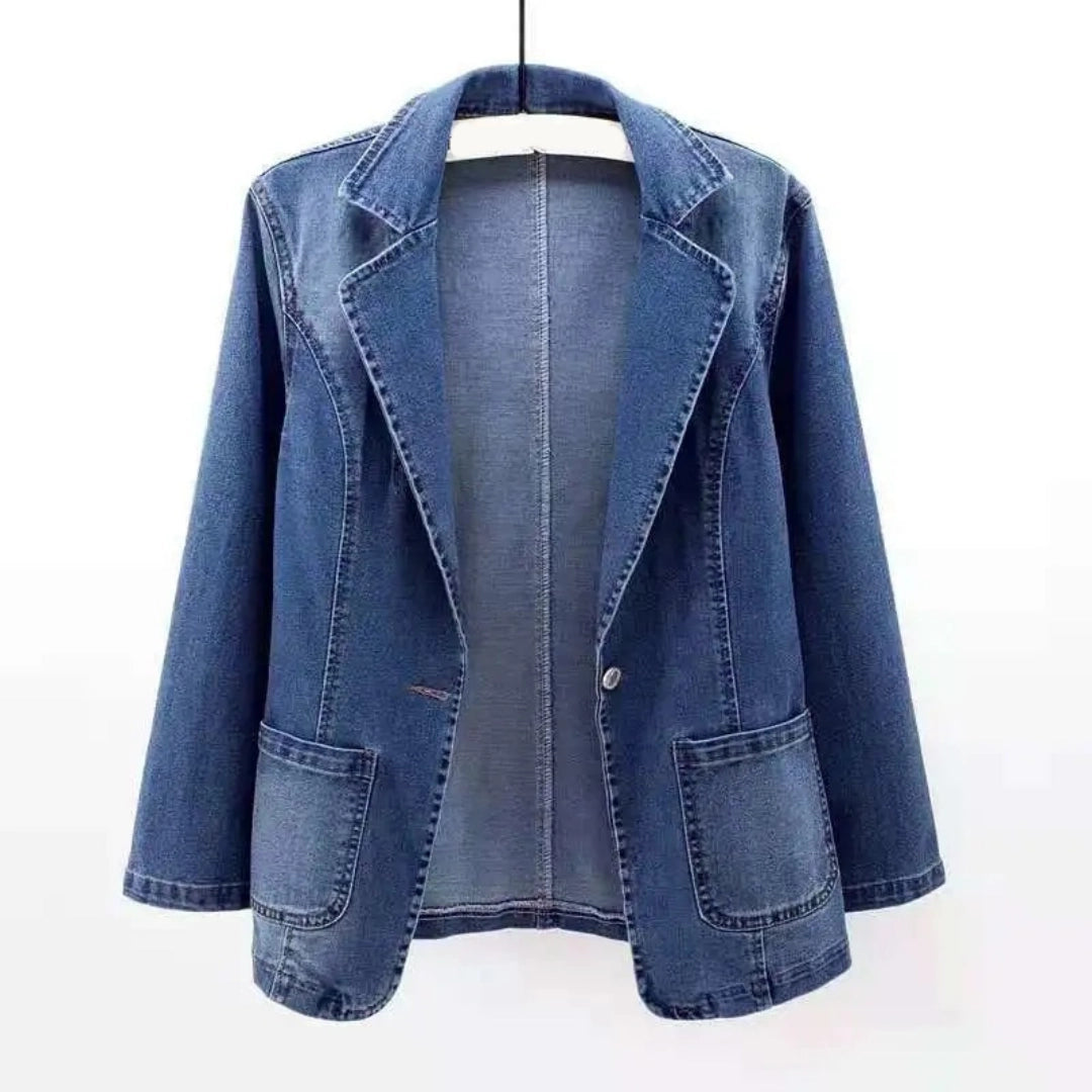 Stylish Light Blue Denim Blazer for Women - Single-Button Casual Jacket
 - ModishWorld