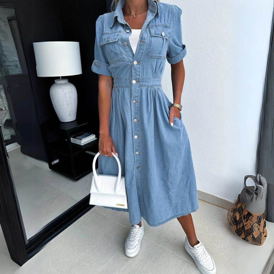 Short Sleeve Denim Shirt Dress for Women, Blue Jean Midi, Button-Front Casual
 - ModishWorld