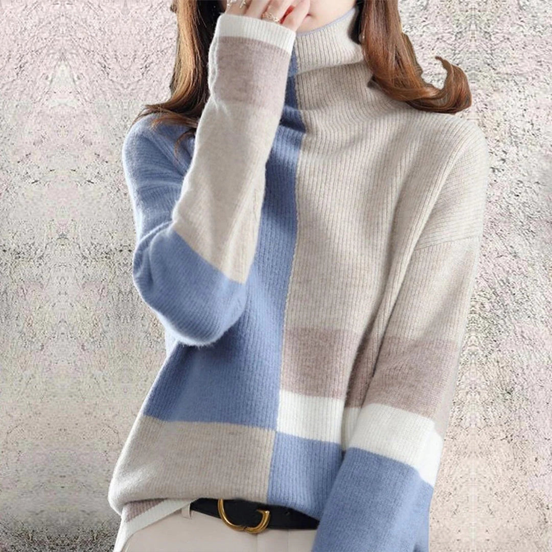 Women's Winter Blue and White Striped Turtleneck Sweater
 - ModishWorld