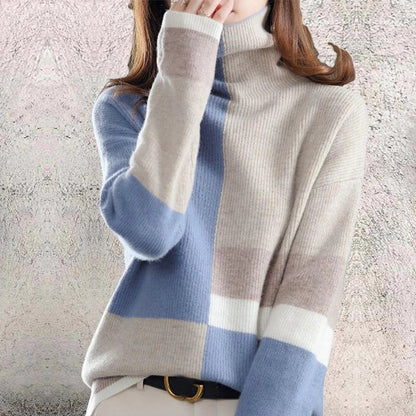 Women's Winter Blue and White Striped Turtleneck Sweater
 - ModishWorld