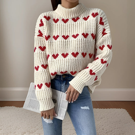 White Wool Turtleneck Sweater for Women with Red Heart Design
 - ModishWorld