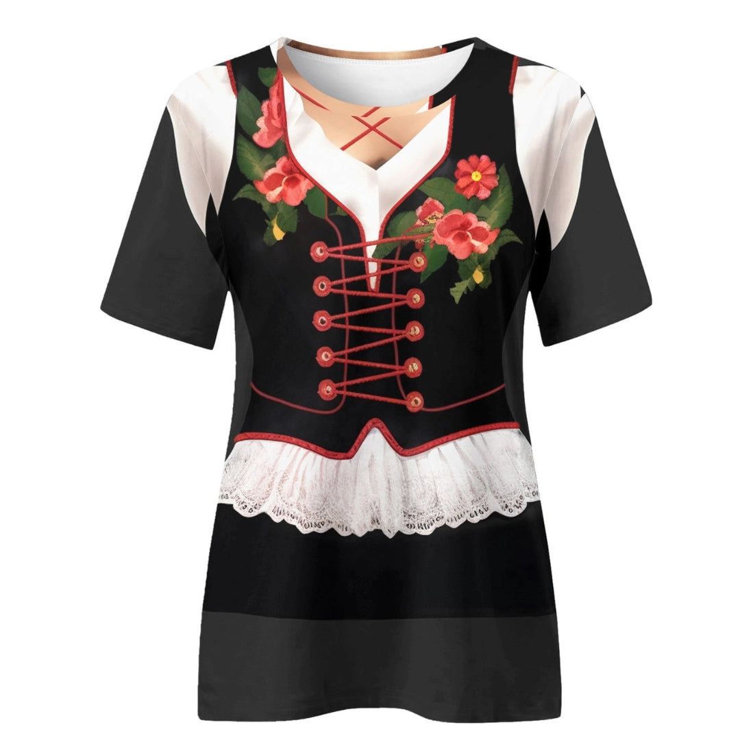 Bavarian Oktoberfest Top for Women: Floral Dirndl T-Shirt with Lace Trim
 - ModishWorld