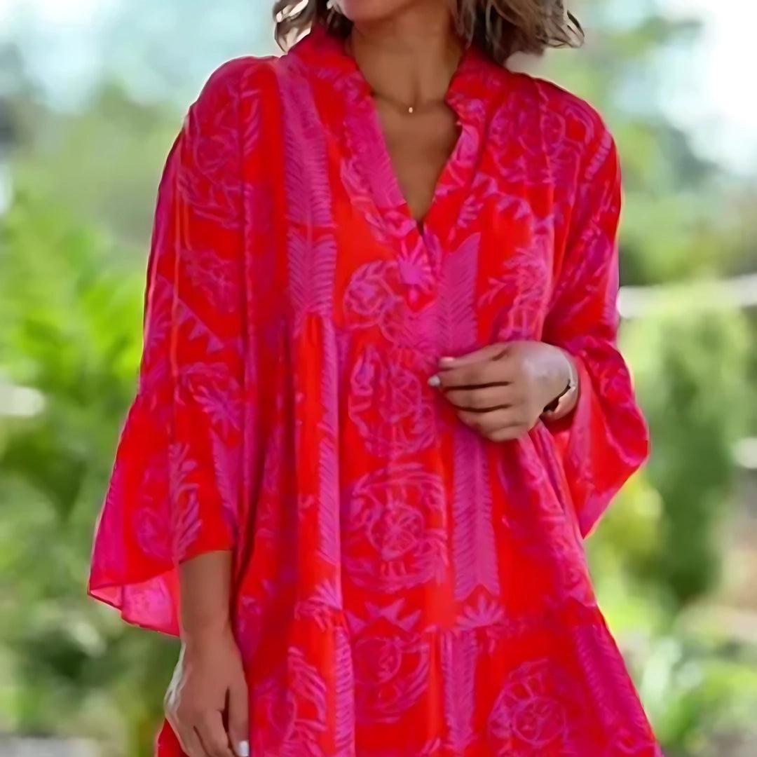 Summer Tunic Top for Women: Tropical Print, V-Neck, Fluorescent Pink
 - ModishWorld