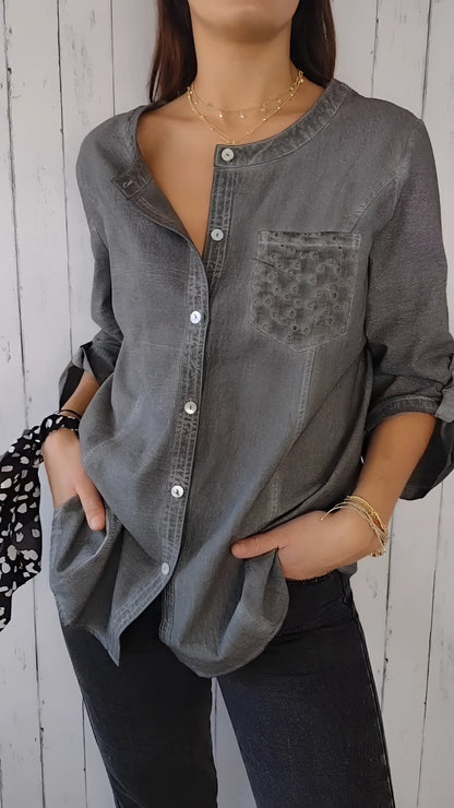 Gray Women's Casual Denim Blouse: Lightweight, Loose Fit, Button-Down
 - ModishWorld