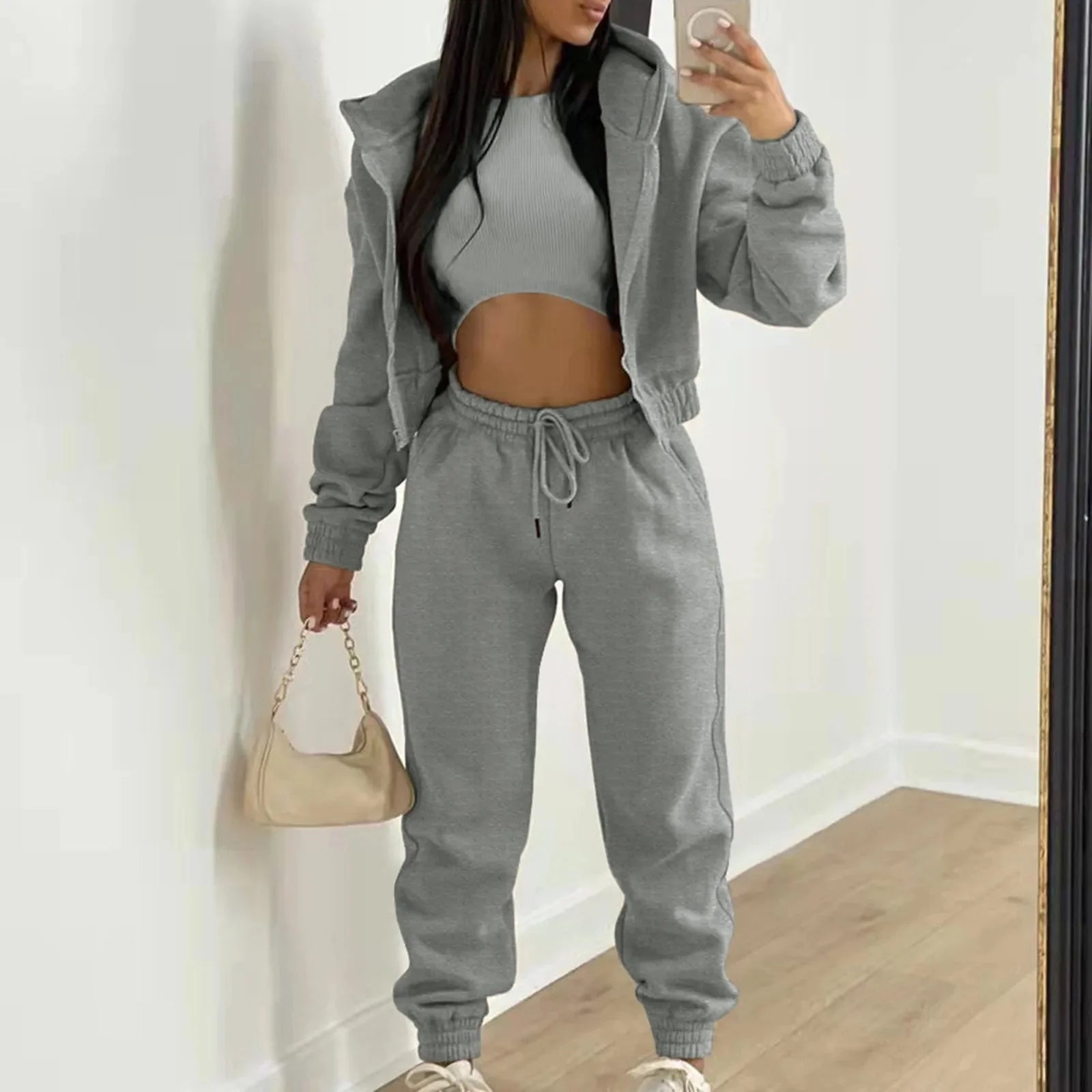 Cozy Women's Grey Jogger Set: Cropped Hoodie & Drawstring Pants
 - ModishWorld