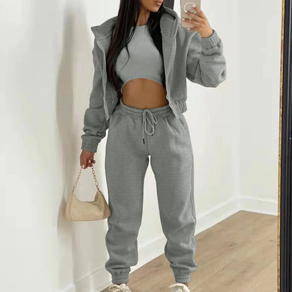 Cozy Women's Grey Jogger Set: Cropped Hoodie & Drawstring Pants
 - ModishWorld