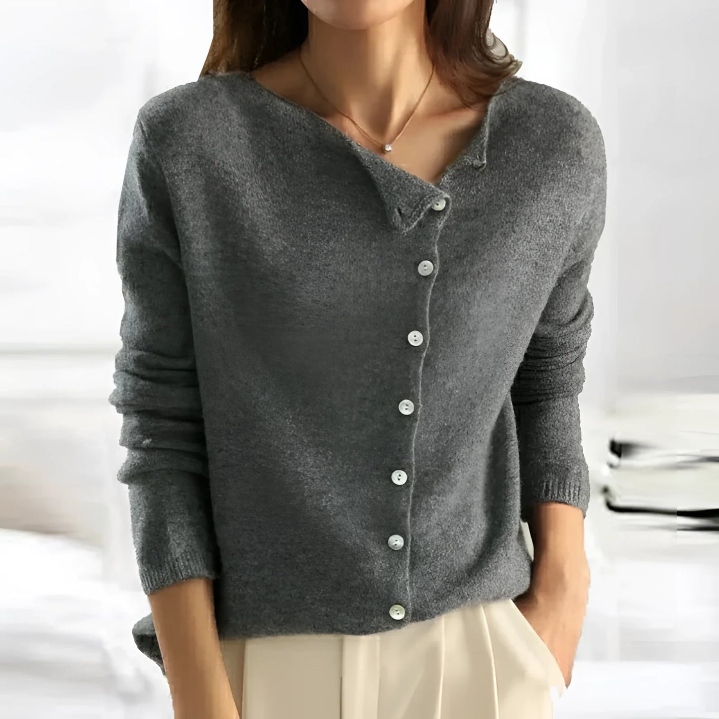 Lightweight Grey Wool V-Neck Cardigan for Women - Perfect for the Office
 - ModishWorld