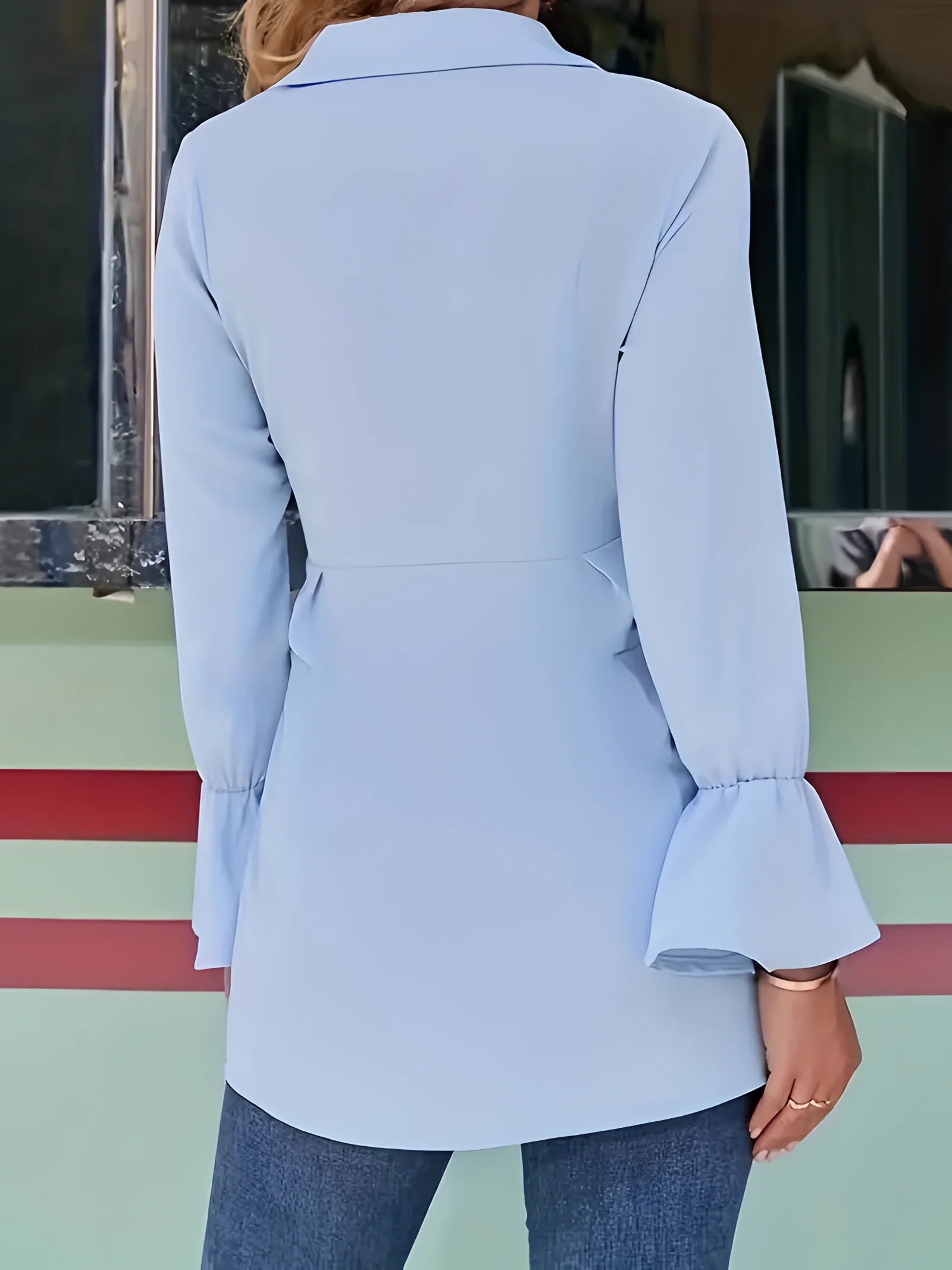 Spring Blazer for Women: Light Blue, Cinched Waist, Flared Sleeves
 - ModishWorld