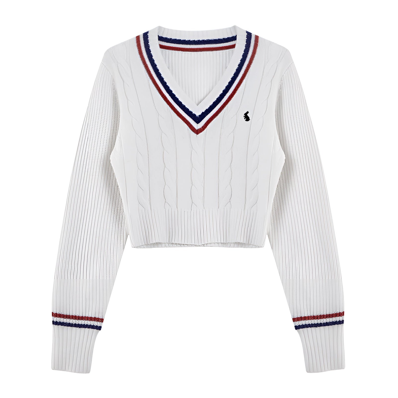 V-Neck Cable Knit Sweater for Women in Light Pink with Black Detailing
 - ModishWorld