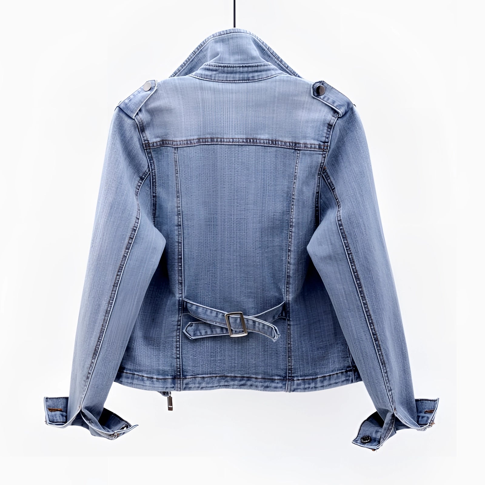 Denim Jacket for Women: Light Wash, Belted, Unique Back Detail
 - ModishWorld