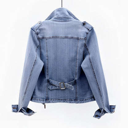 Denim Jacket for Women: Light Wash, Belted, Unique Back Detail
 - ModishWorld