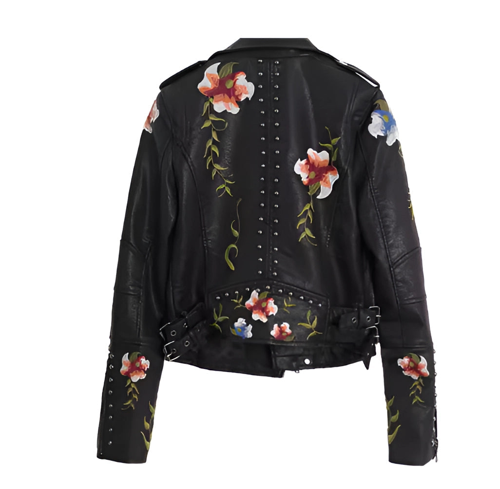 Elegant Women's Leather Biker Jacket with Floral Embroidery and Stud Detailing
 - ModishWorld