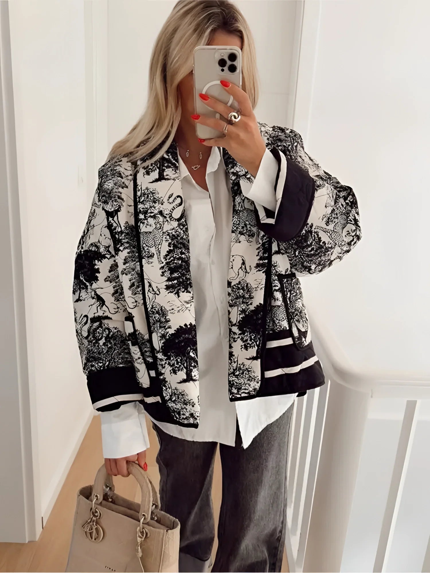 Casual Women's Floral Bomber Jacket in Monochrome
 - ModishWorld
