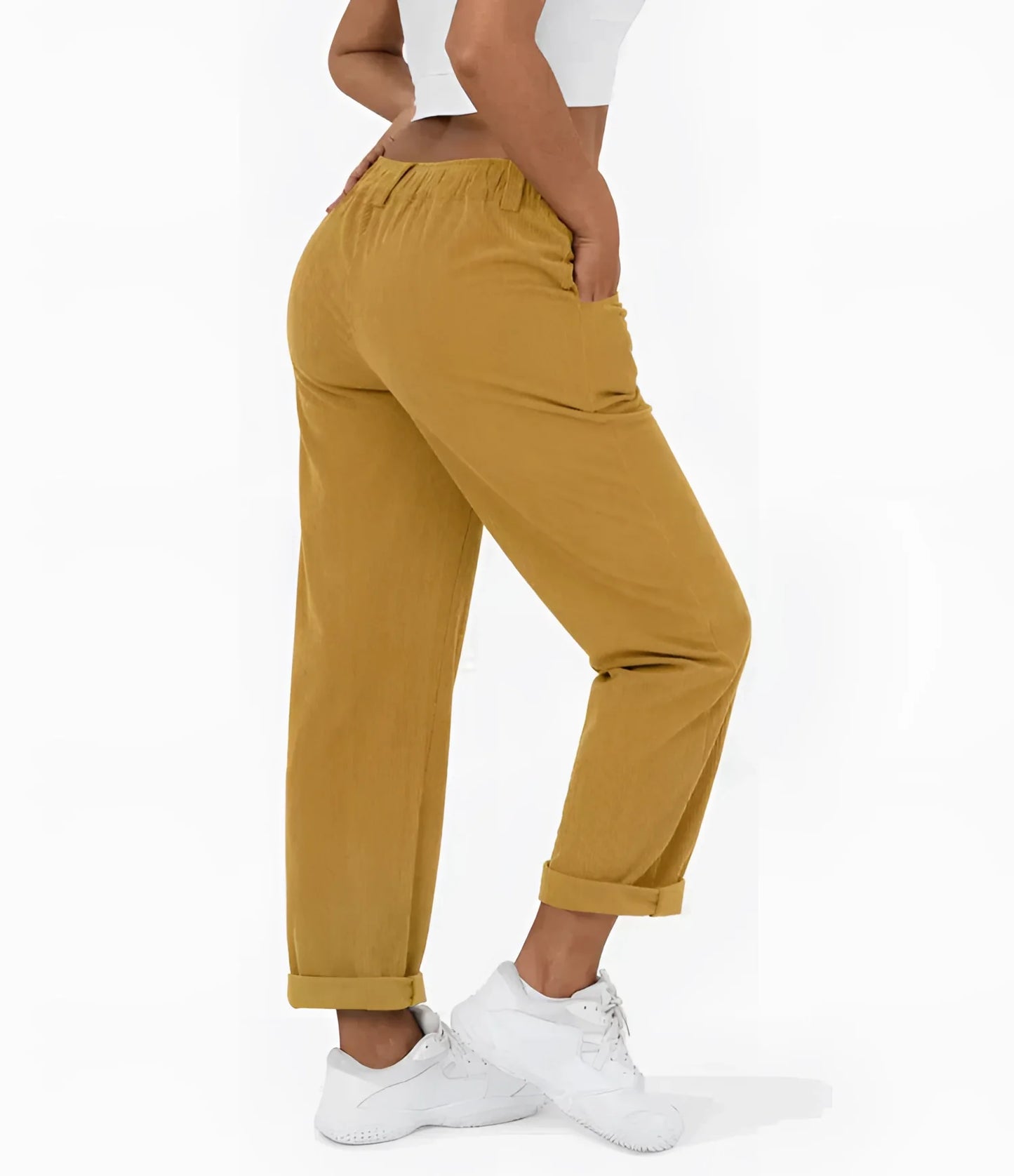 Relaxed Fit, Ankle-Length Mustard Corduroy Pants for Women (High-Waisted)
 - ModishWorld