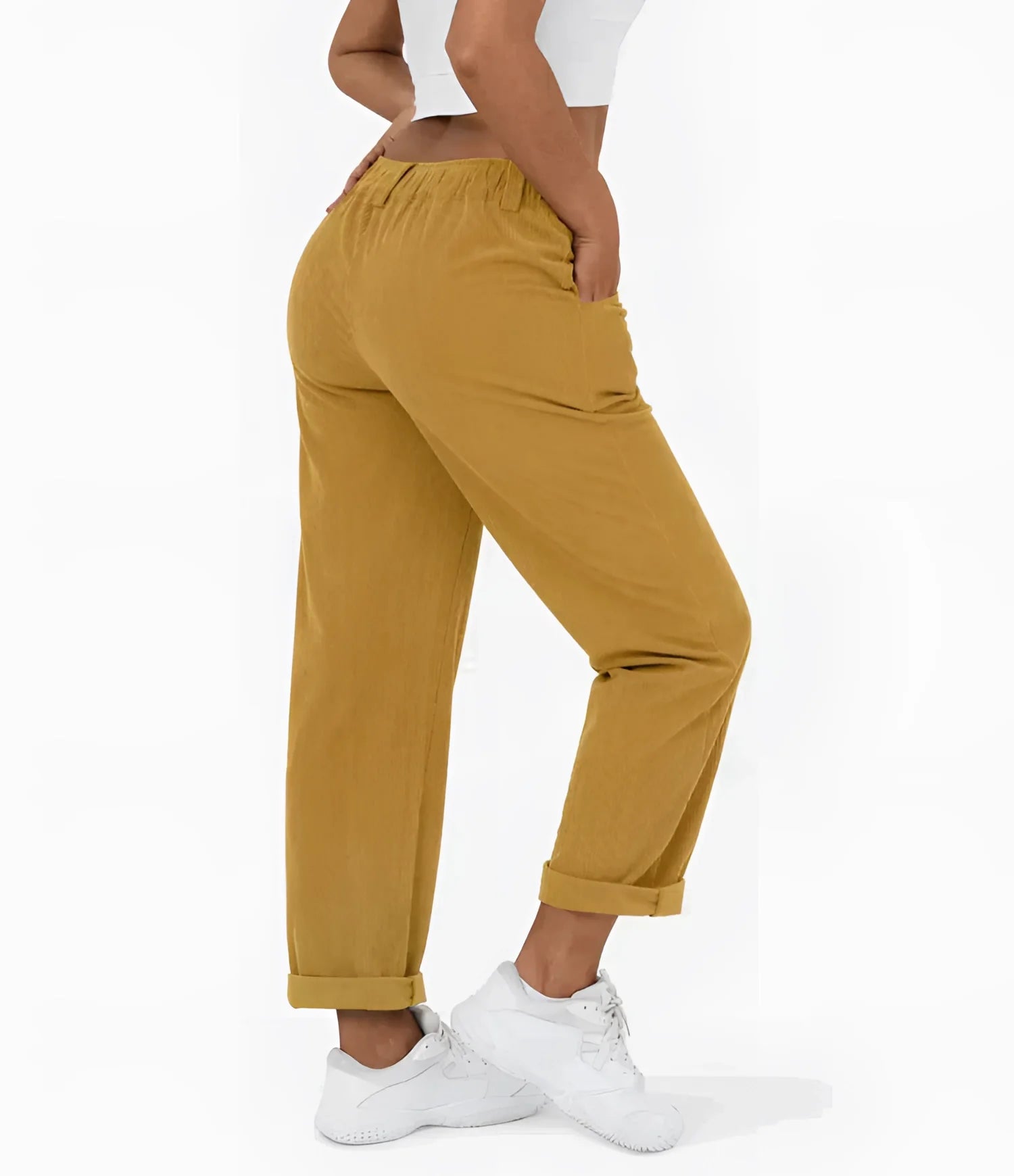 Relaxed Fit, Ankle-Length Mustard Corduroy Pants for Women (High-Waisted)
 - ModishWorld