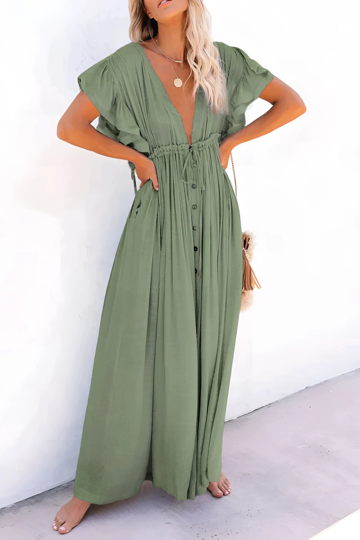 Olive Green Wide-Leg Jumpsuit for Women with Ruffled Sleeves and Button Front
 - ModishWorld
