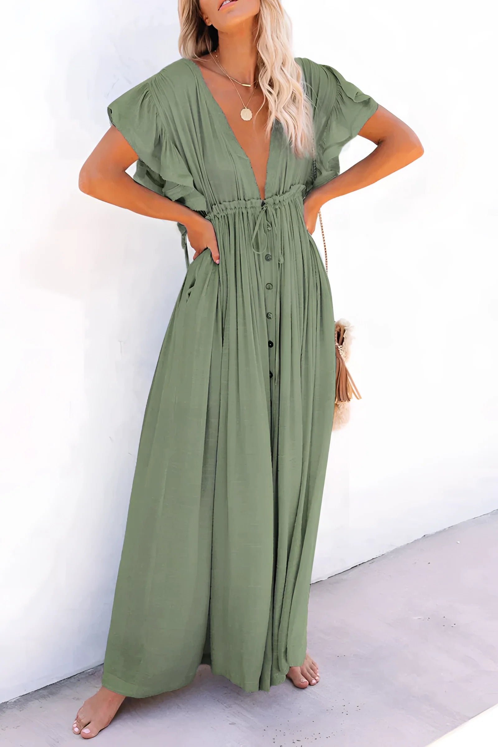 Olive Green Wide-Leg Jumpsuit for Women with Ruffled Sleeves and Button Front
 - ModishWorld