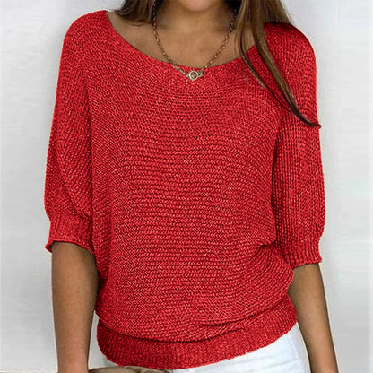 Knitted V-Neck 3/4 Sleeve Red Sweater for Women - Autumn Style
 - ModishWorld