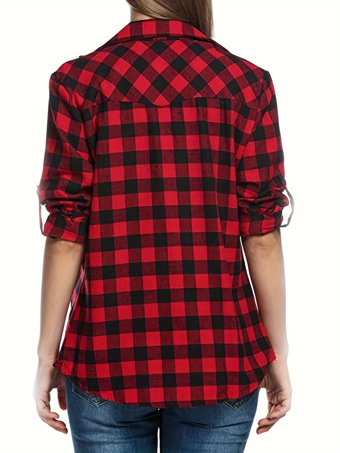 Casual Red and Black Buffalo Plaid Button-Down Shirt for Women
 - ModishWorld