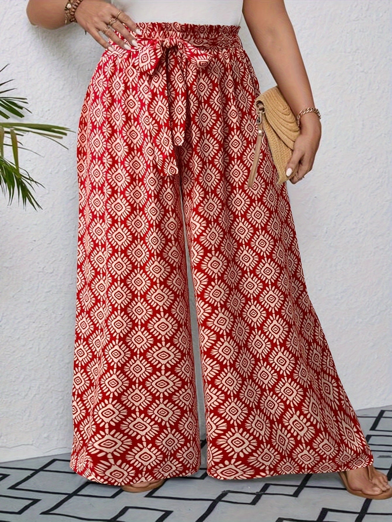 High-Waisted Palazzo Pants for Women in Red Geometric Ethnic Print
 - ModishWorld