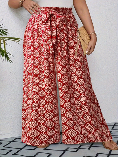 High-Waisted Palazzo Pants for Women in Red Geometric Ethnic Print
 - ModishWorld
