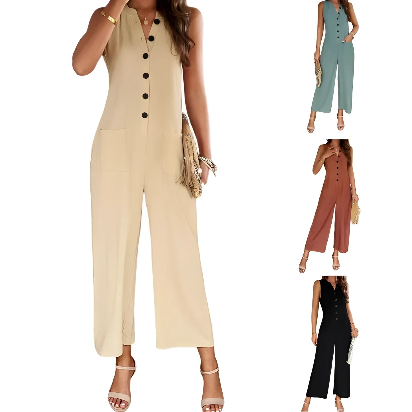 Summer Linen Jumpsuit for Women: Sleeveless & Wide Leg Casual
 - ModishWorld