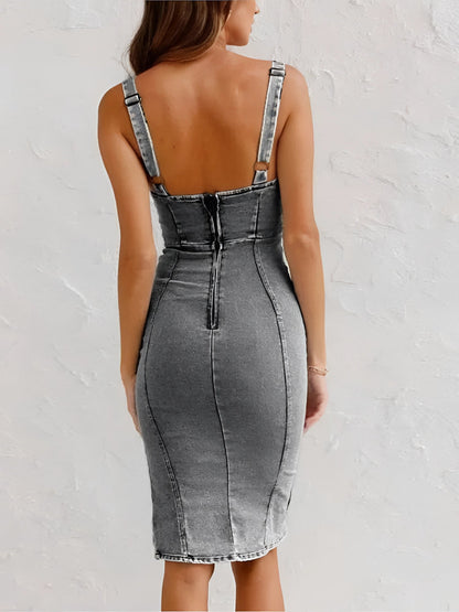 Midi Denim Dress for Women, Slim Fit, Square Neck, Adjustable Straps and Back Zip
 - ModishWorld