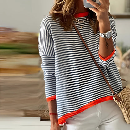 Navy Blue Striped Boatneck Pullover for Women with Red Detailing and 3/4 Sleeves
 - ModishWorld