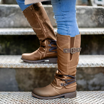 Brown Leather Knee-High Women's Riding Boots with Buckle and Lace-Up Detail
 - ModishWorld