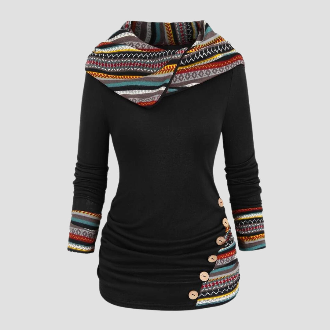 Asymmetrical Button Pullover Sweater for Women, Tribal Cowl Neck
 - ModishWorld