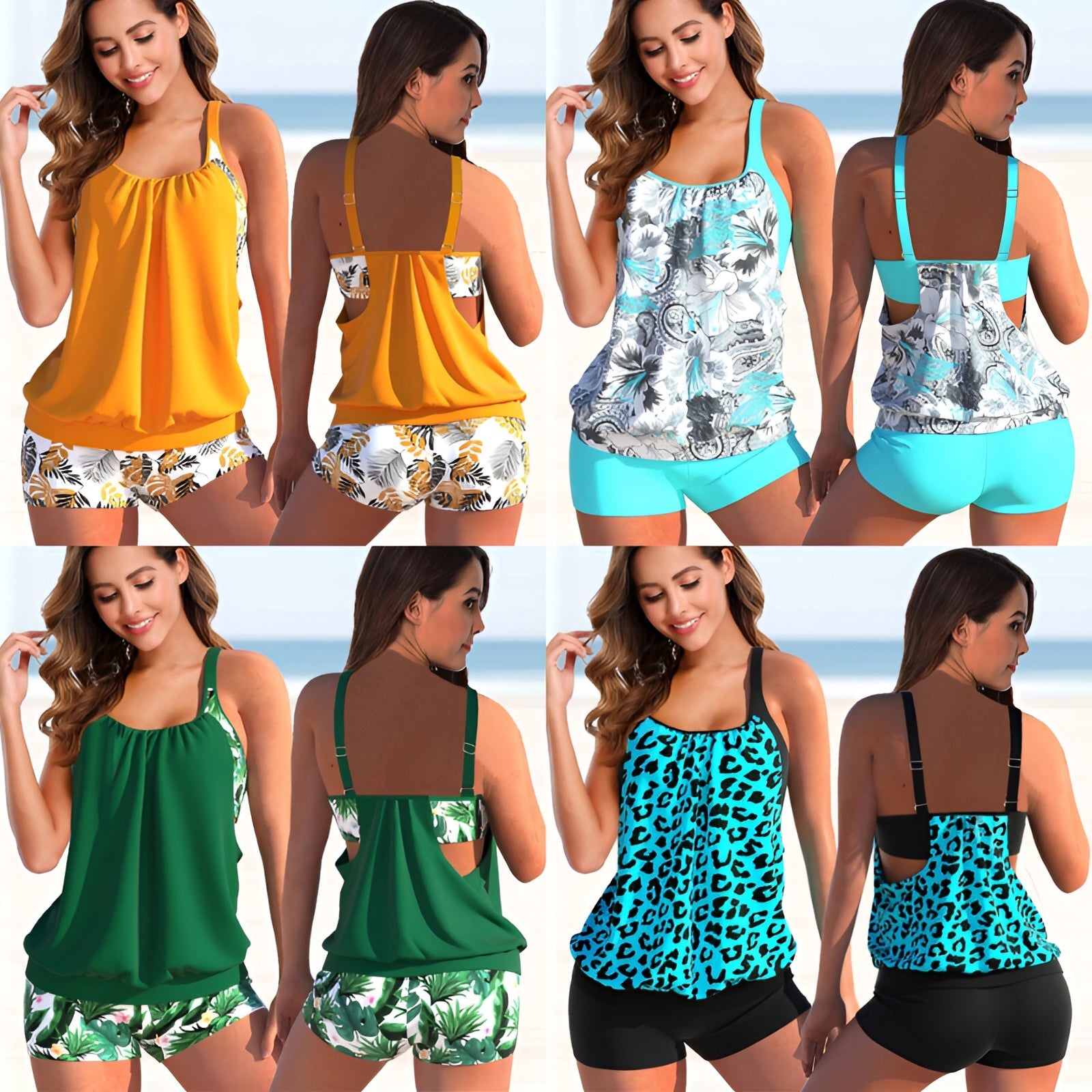 Two-Piece Women's Tankini: Tropical Floral & Leopard Print Racerback
 - ModishWorld