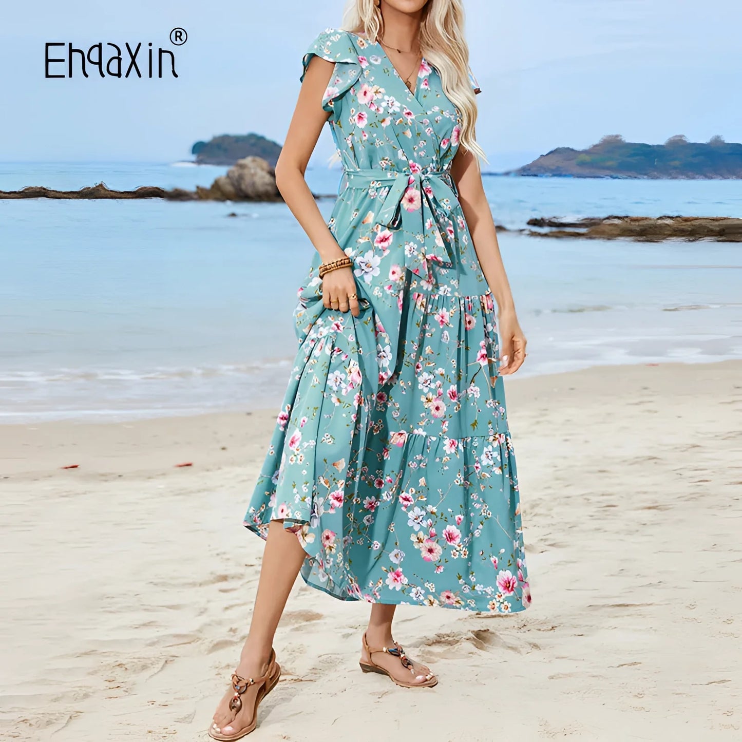 Elegant and Lightweight Women's Summer Wrap Dress with Turquoise Floral V-Neck
 - ModishWorld